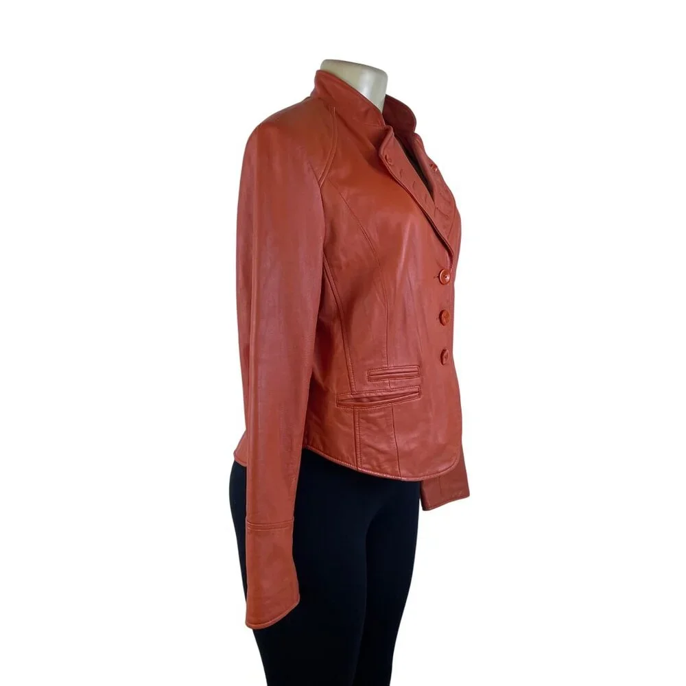 Cache Women's Orange Faux Leather Button-Front Jacket Stylish Fit - Picture 3 of 11